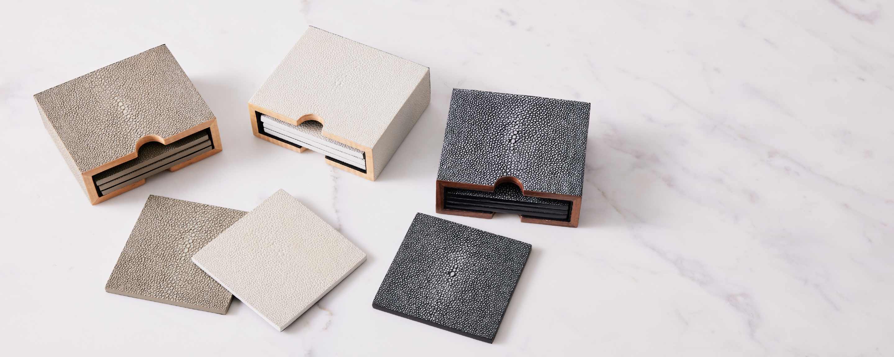 faux shagreen white coaster set