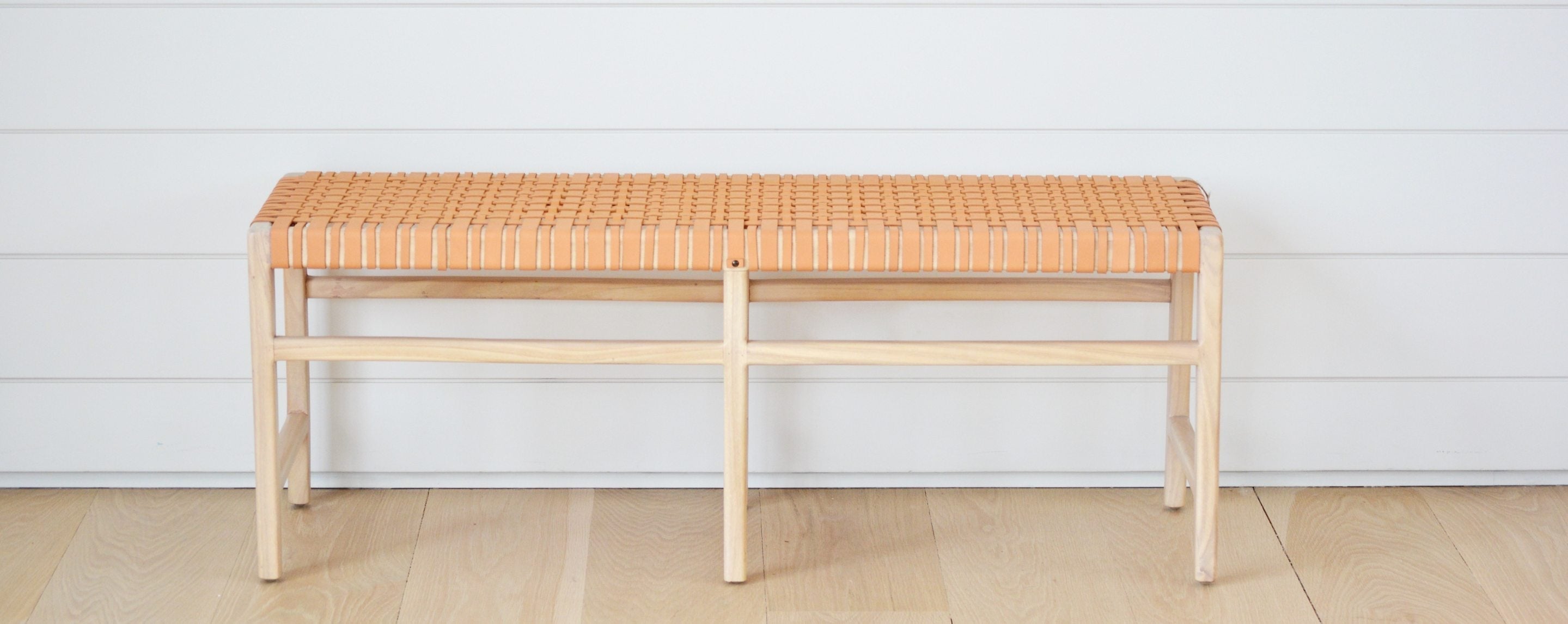 tan leather bench - 64"