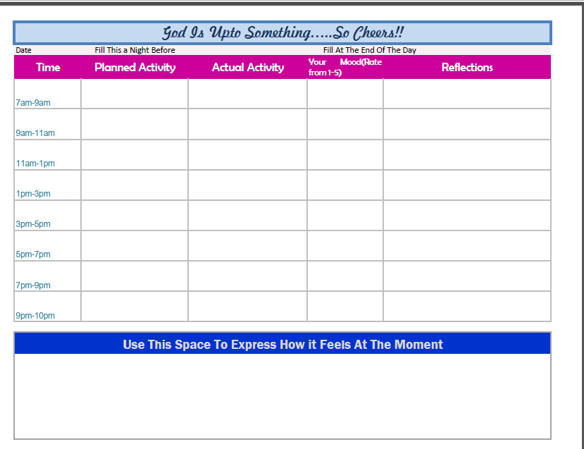 Depression Recovery Daily activity Planner