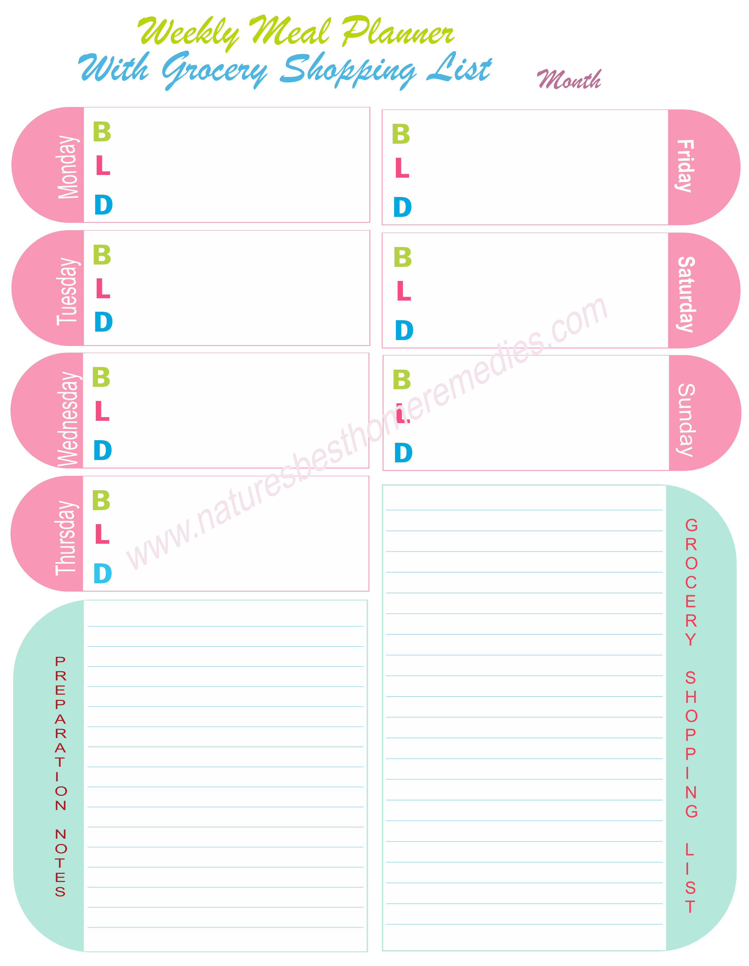 pink weekly meal planner with grocery list